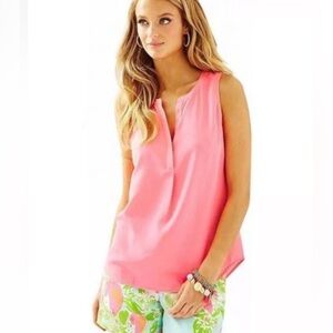 Lilly Pulitzer Stacey sleeveless 100% silk blouse top in hot coral. Size L